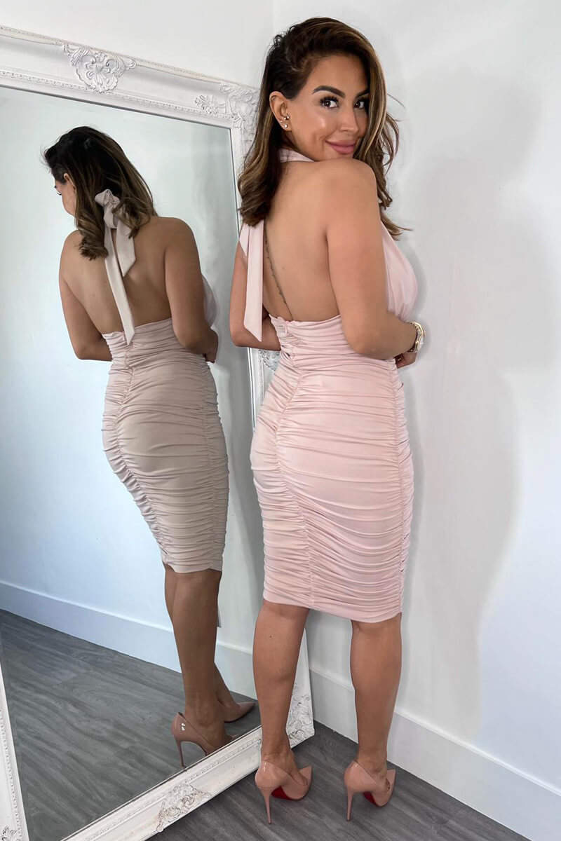 Nude Halter Tie Neck Ruched Midi Bodycon Dress