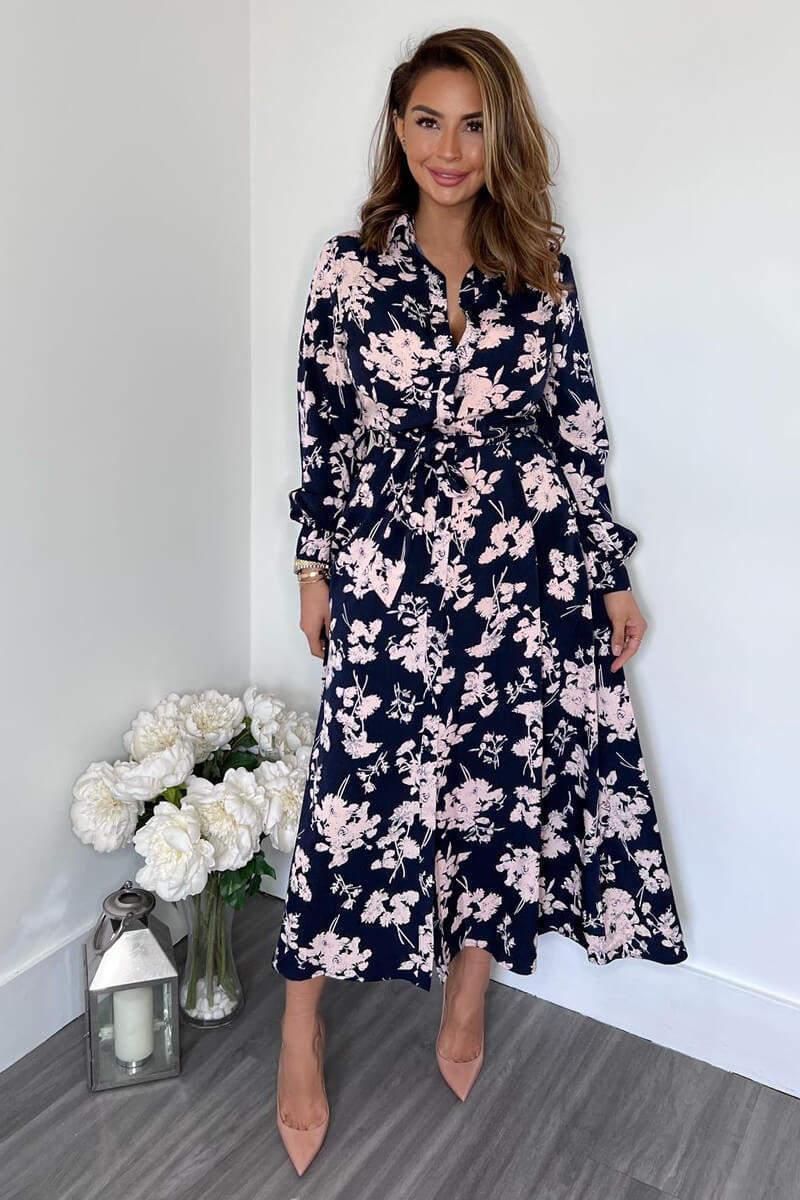 Navy And Pink Floral Button Up Midi Shirt Dress