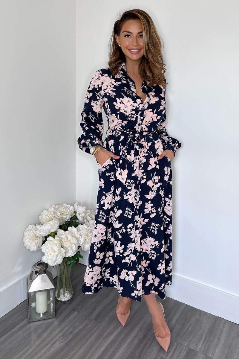 Navy And Pink Floral Button Up Midi Shirt Dress