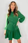 Green High Neck Button Frill Hem Dress