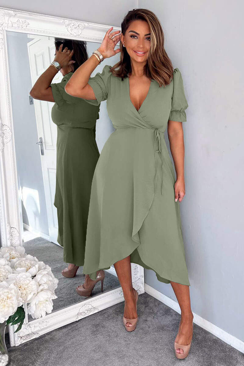 Khaki Wrap Side Tie Midi Dress AX Paris US Khaki Wrap Side Tie Midi Dress AX Paris US