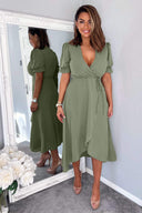 Khaki Wrap Side Tie Midi Dress