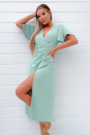 Duck Egg Ruched Split Leg Midi Dress