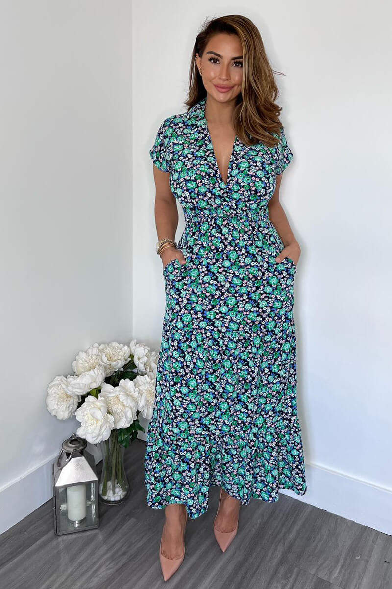 Navy Floral Print Short Sleeved V-Neck Midi Smock Dress