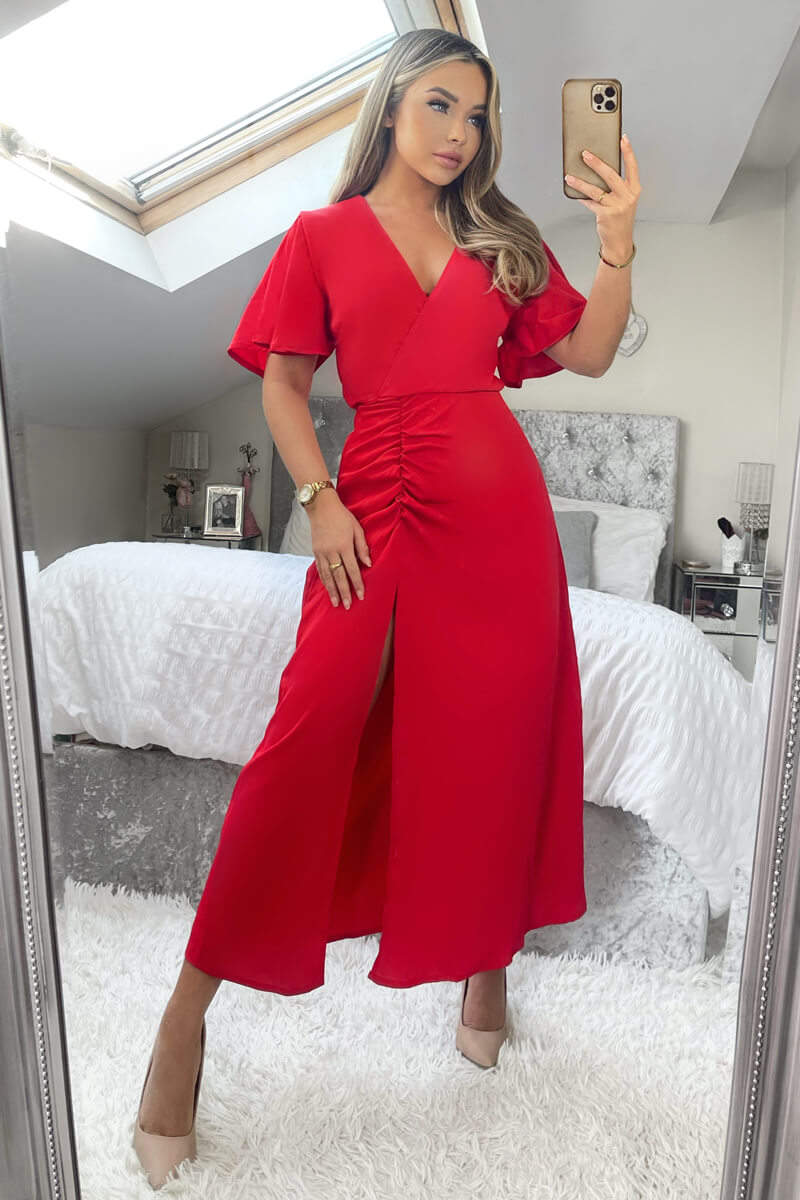 Red Ruched Split Leg Midi Dress AX Paris US Red Ruched Split Leg Midi Dress AX Paris US
