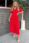 Red Ruched Split Leg Midi Dress