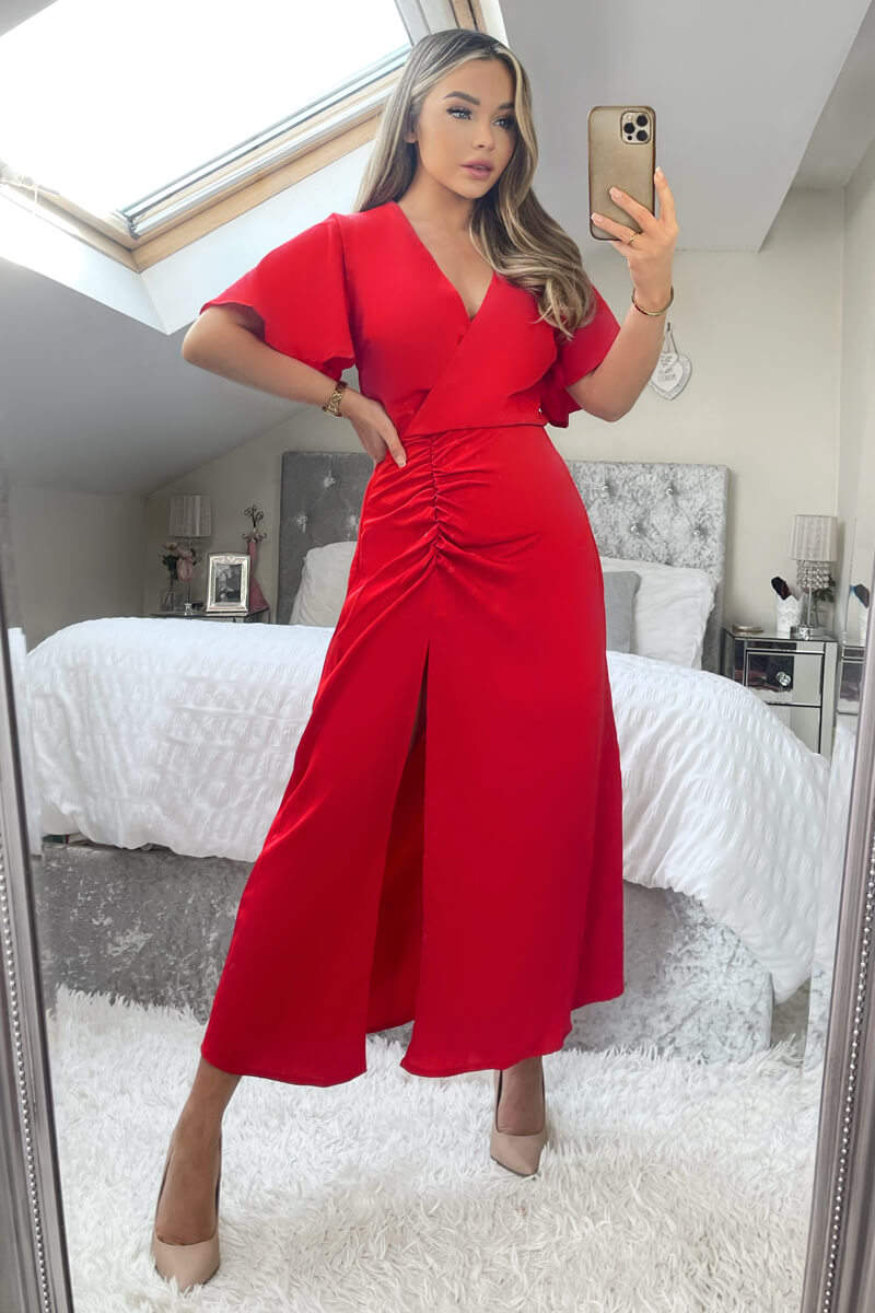 Red Ruched Split Leg Midi Dress