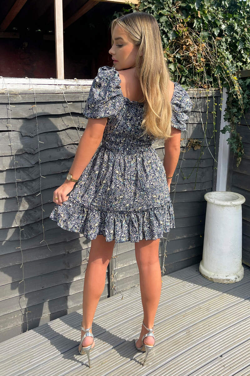 Navy Printed Puff Sleeve Shirred Mini Dress