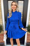 Blue High Neck Button Frill Hem Dress