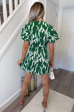 Green And White Printed Gathered Mini Dress
