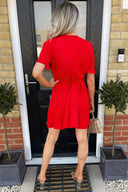 Red Wrap Over Belted Skater Dress With Short Sleeves