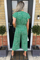 Green And White Printed Wrap Over Frill Sleeve Jumpsuit