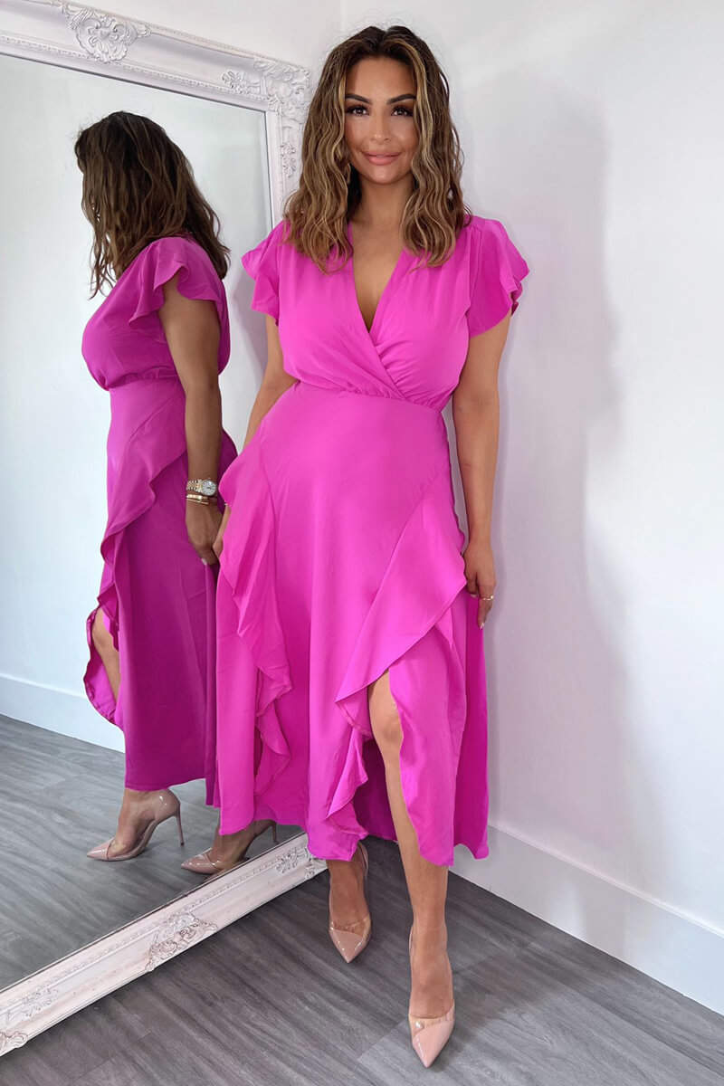 Cerise Frill Detail Double Split Skirt Midi Dress – AX Paris US