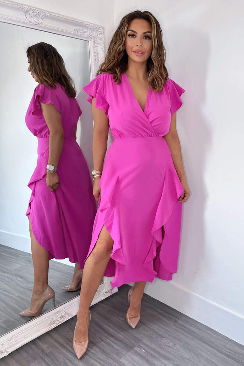 Cerise Frill Detail Double Split Skirt Midi Dress