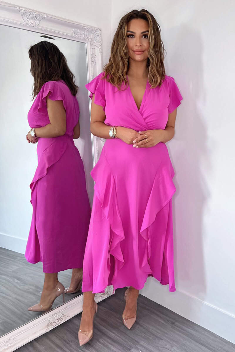 Cerise Frill Detail Double Split Skirt Midi Dress