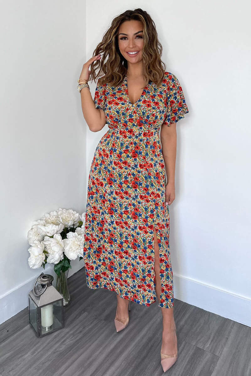 Multi Floral V Neck Butterfly Sleeve Midi Dress