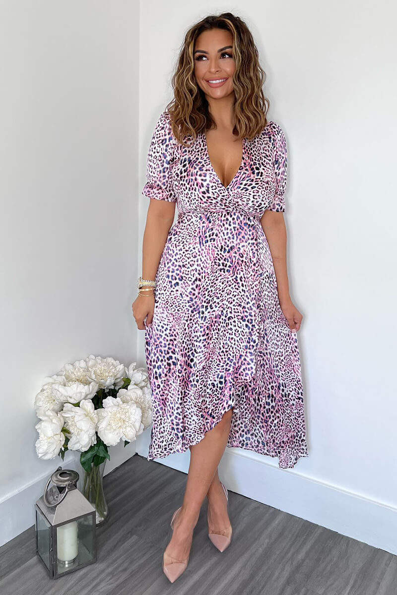 Pink Animal Print Wrap Side Tie Midi Dress