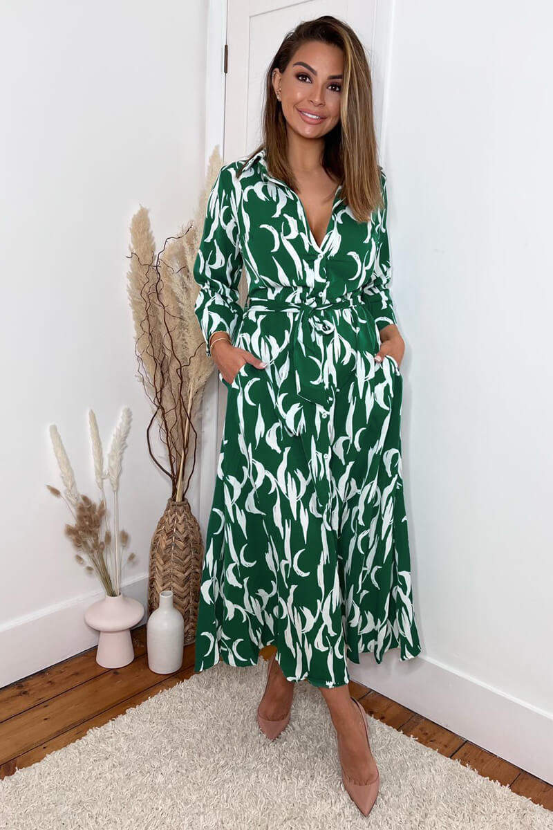 Green And White Printed Button Up Long Sleeve Midi Dress AX Paris US Green And White Printed Button Up Long Sleeve Midi Dress AX Paris US