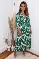 Green And White Printed Button Up Long Sleeve Midi Dress