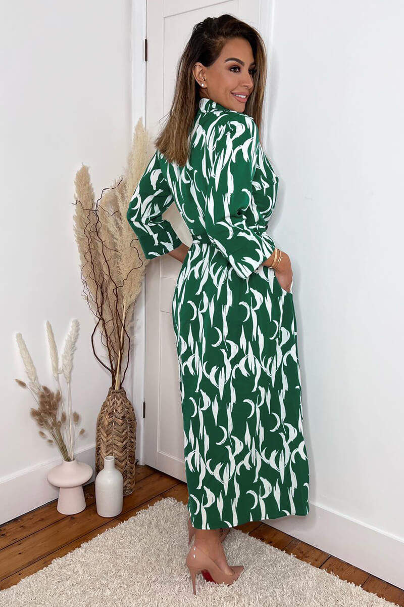 Green And White Printed Button Up Long Sleeve Midi Dress