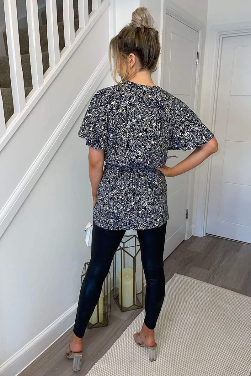 Navy Ditsy Print Wrap Short Sleeve Belted Top