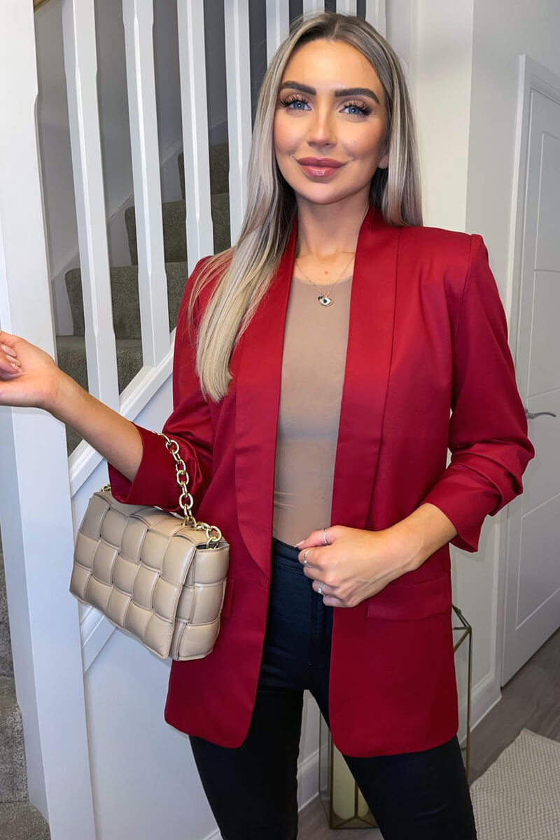 Red Ruched Sleeve Blazer