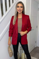 Red Ruched Sleeve Blazer