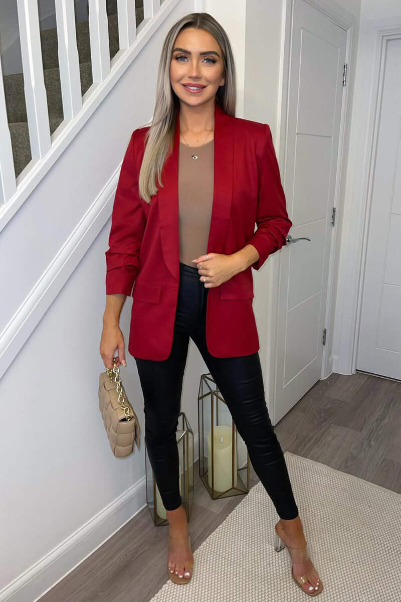 Red Ruched Sleeve Blazer