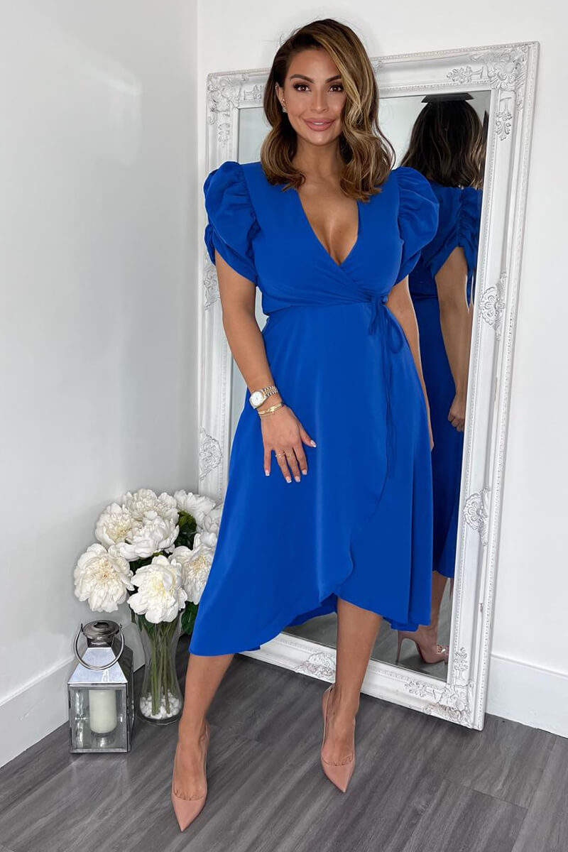 knee length dresses for ladies Blue Wrap Over Tie Midi Dress – AX Paris US