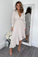 Stone Long Sleeve Frill Wrap Midi Dress