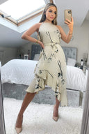 Stone Floral Printed Frill Hem Midi Dress