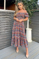 Navy And Orange Floral Printed Puff Sleeve Smock Dress