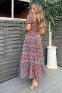 Navy And Orange Floral Printed Puff Sleeve Smock Dress