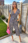 Navy White And Pink Printed Wrap Jumpsuit