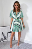 Green Printed Short Sleeve Belted Mini Dress