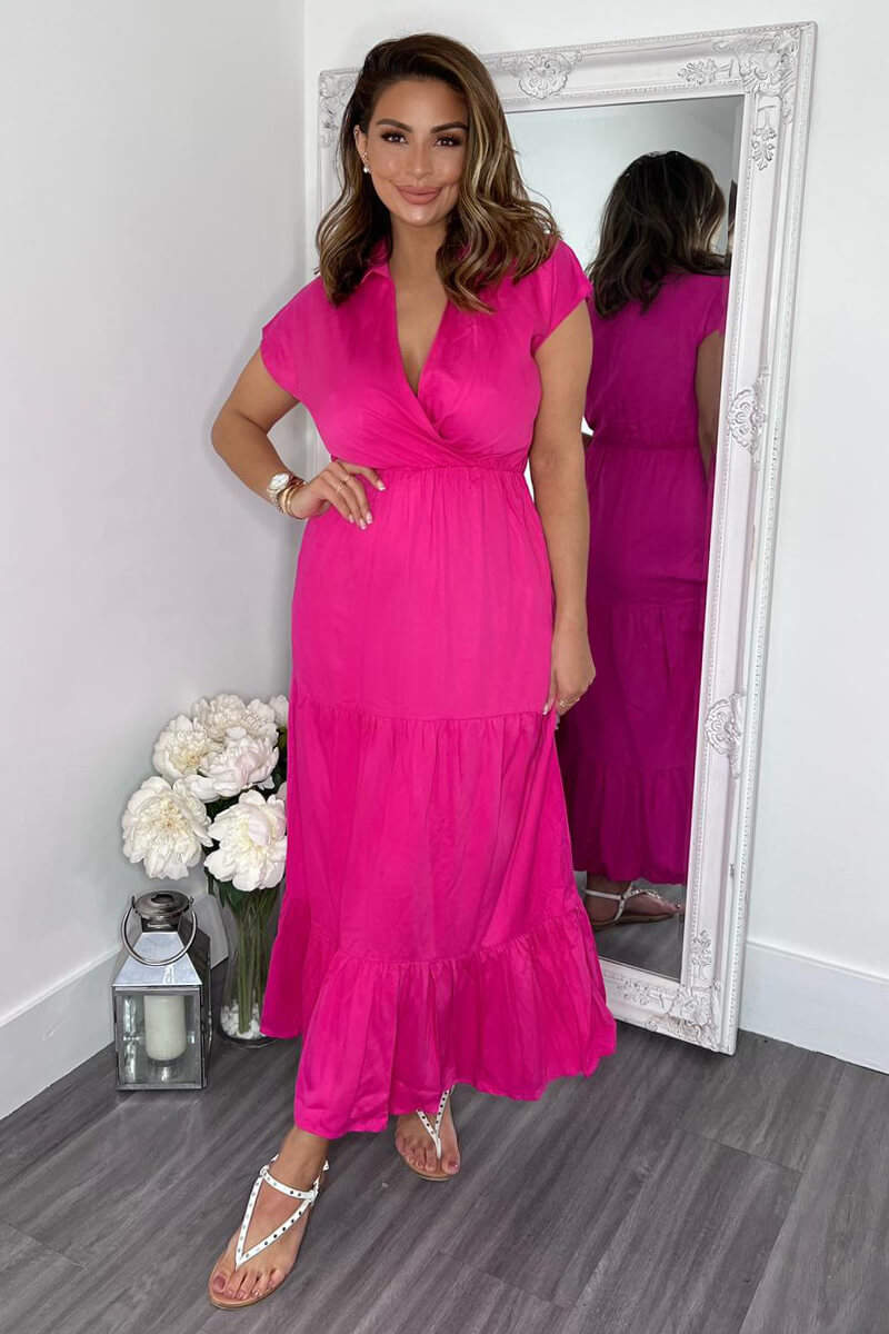 bright pink smock dress Hot Pink Short Sleeve V-Neck Mini Smock Dress  AX Paris US