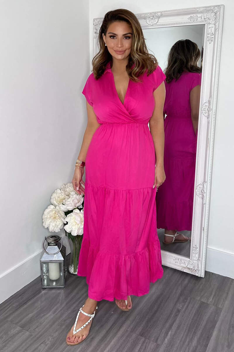 Hot Pink Short Sleeved V-Neck Midi Smock Dress