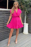 Hot Pink Short Sleeve V-Neck Mini Smock Dress