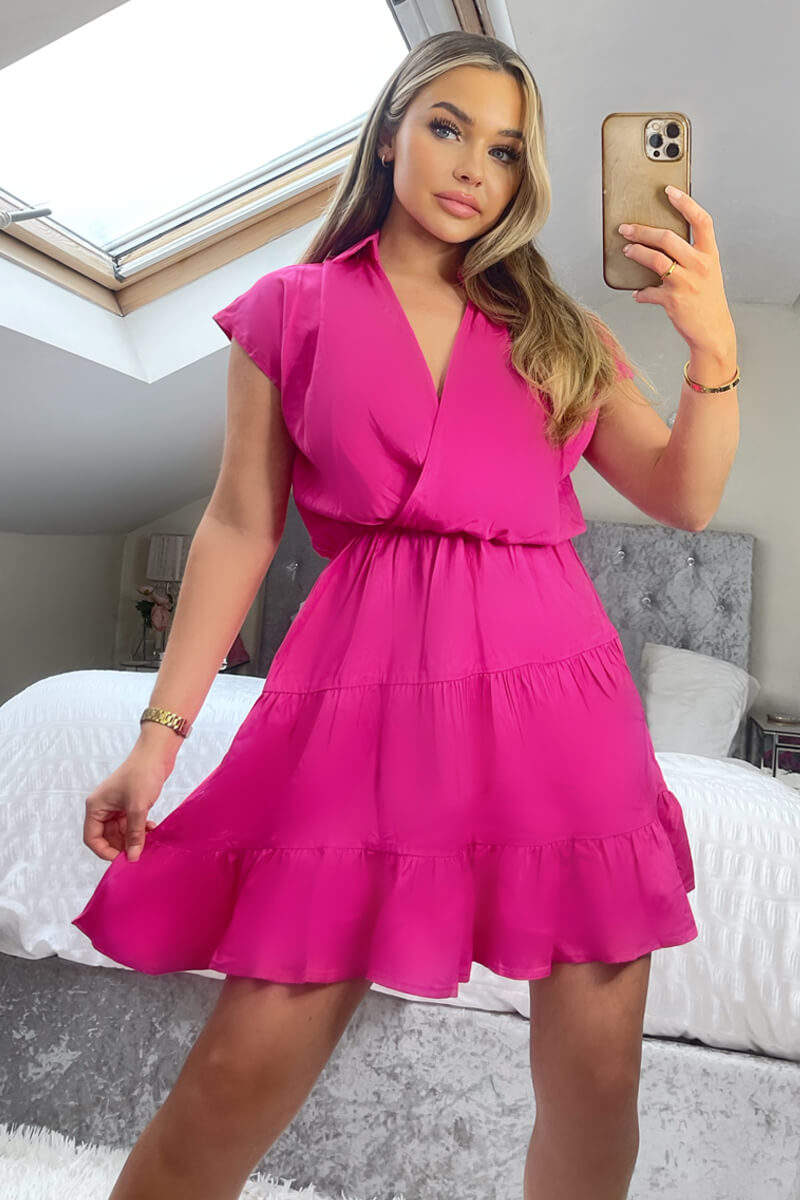 Hot Pink Short Sleeve V-Neck Mini Smock Dress