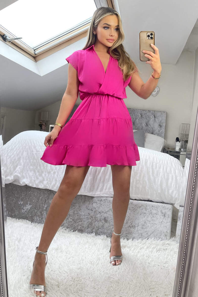 Hot Pink Short Sleeve V-Neck Mini Smock Dress