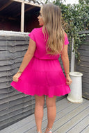 Hot Pink Short Sleeve V-Neck Mini Smock Dress