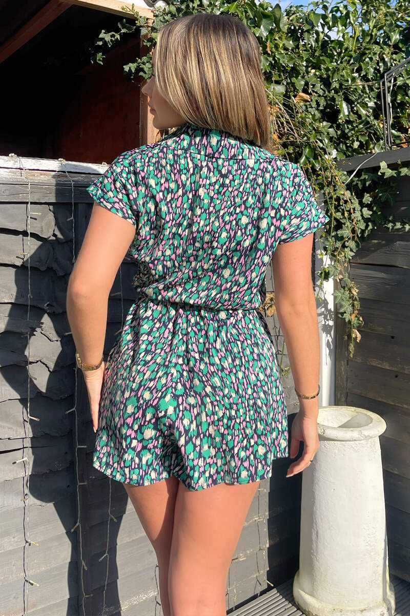 Navy Green And Pink Printed Belted Playsuit