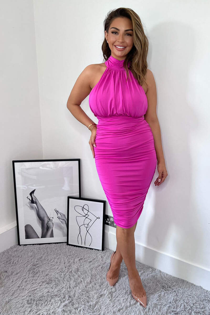 Hot Pink Ruched High Neck Midi Dress – AX Paris US