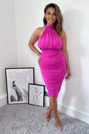 Hot Pink Ruched High Neck Midi Dress