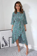 Navy Green And Pink Printed Wrap Tie Front Midi Dress