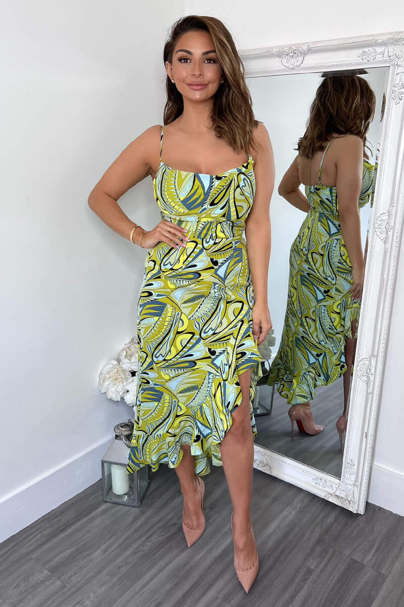 Lime Printed Cowl Neck Frill Hem Midi Dress AX Paris US Lime Printed Cowl Neck Frill Hem Midi Dress AX Paris US