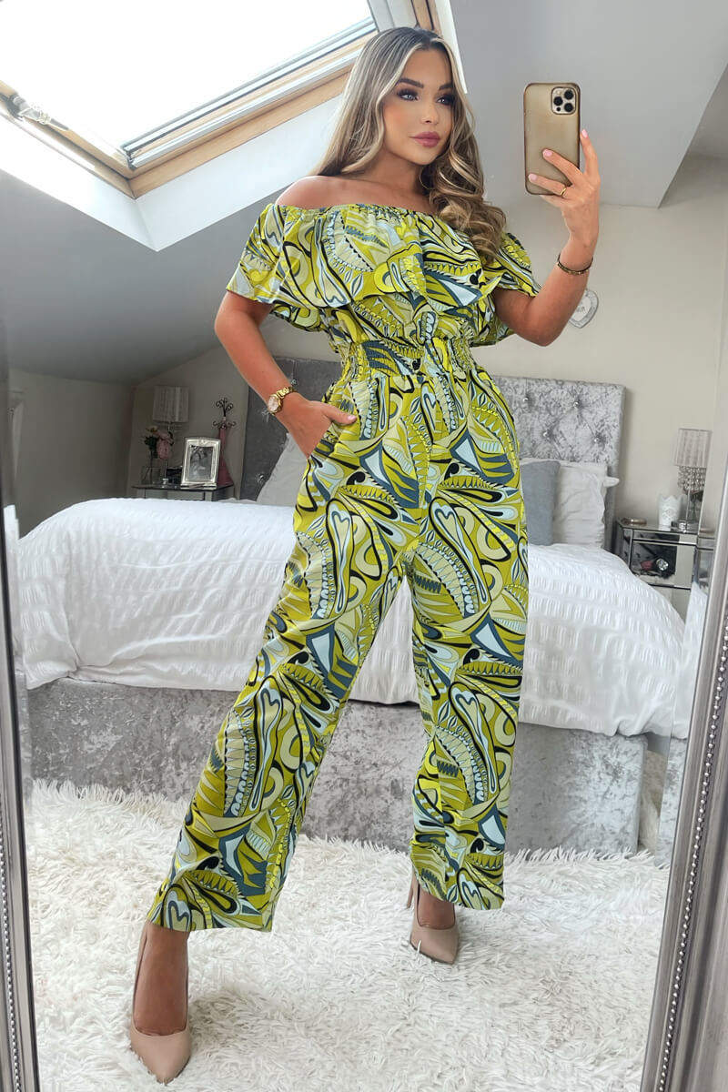 Lime Printed Bardot Culotte Jumpsuit