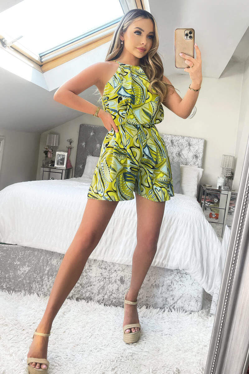 Lime Printed High Neck Playsuit
