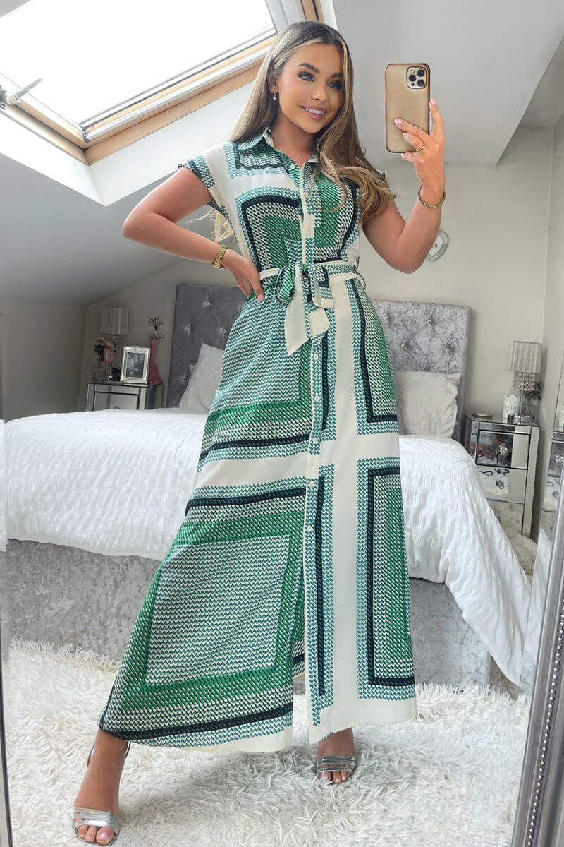 Green Printed Tie Waist Button Up Midi Dress