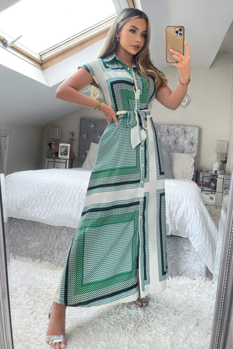 Green Printed Tie Waist Button Up Midi Dress